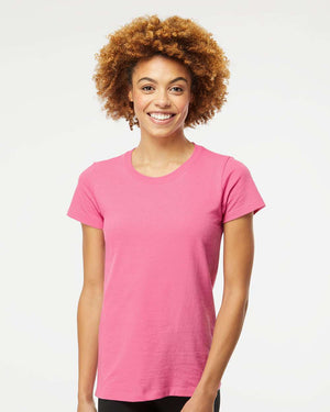 M&O 4810 Women's Gold Soft Touch T-Shirt, model front view - Azalea