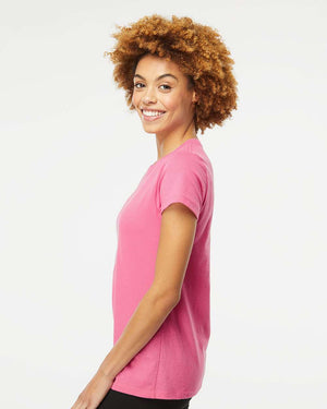 M&O 4810 Women's Gold Soft Touch T-Shirt, model side view - Azalea