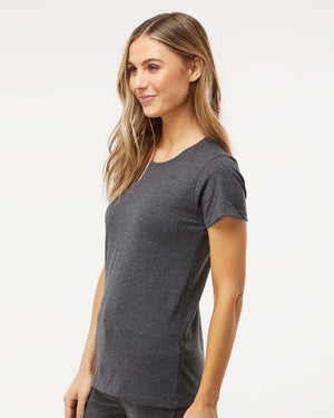 M&O 4810 Women's Gold Soft Touch T-Shirt, model side view - Dark Heather