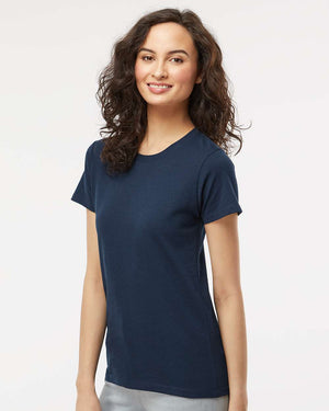 M&O 4810 Women's Gold Soft Touch T-Shirt, model side view - Deep Navy