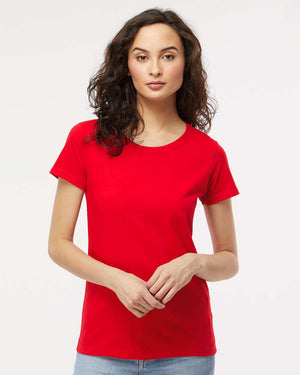 M&O 4810 Women's Gold Soft Touch T-Shirt, model front view - Deep Red