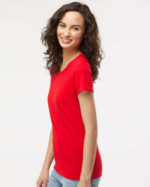 M&O 4810 Women's Gold Soft Touch T-Shirt, model side view - Deep Red