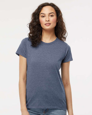 M&O 4810 Women's Gold Soft Touch T-Shirt, model front view - Heather Navy