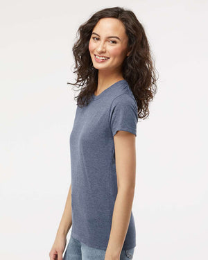 M&O 4810 Women's Gold Soft Touch T-Shirt, model side view - Heather Navy