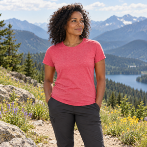 M&O 4810 Women's Gold Soft Touch T-Shirt, mountain lifestyle photo 1 - Heather Pink