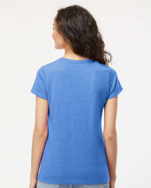M&O 4810 Women's Gold Soft Touch T-Shirt, model back view - Heather Royal