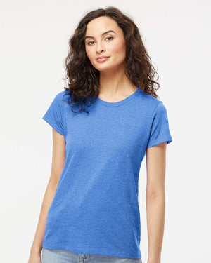 M&O 4810 Women's Gold Soft Touch T-Shirt, model front view - Heather Royal