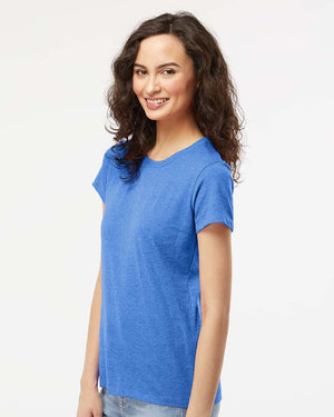 M&O 4810 Women's Gold Soft Touch T-Shirt, model side view - Heather Royal