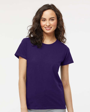 M&O 4810 Women's Gold Soft Touch T-Shirt, model front view - Purple