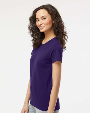 M&O 4810 Women's Gold Soft Touch T-Shirt, model side view - Purple
