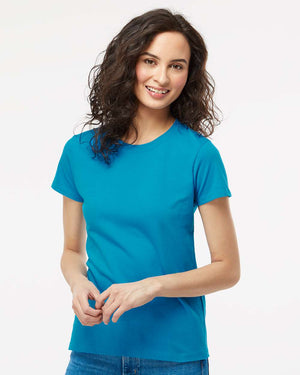 M&O 4810 Women's Gold Soft Touch T-Shirt, model front view - Sapphire