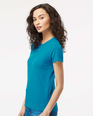 M&O 4810 Women's Gold Soft Touch T-Shirt, model side view - Sapphire
