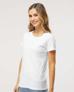 M&O 4810 Women's Gold Soft Touch T-Shirt, model side view - White