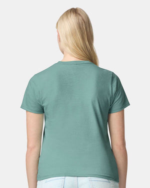 Gildan 5000L Women's Heavy Cotton™ T-Shirt, model back view - Aquatic