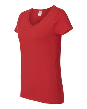 Gildan 5V00L Women's Heavy Cotton™ V-Neck T-Shirt, angle view - Red
