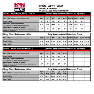 L00540 / L0540Y garment measurements and size chart