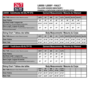 L00550 / L0550Y garment measurements and size chart