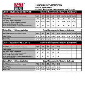 L00570 / L0570Y garment measurements and size chart
