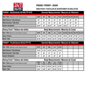 P00595 / P0595Y garment measurements and size chart