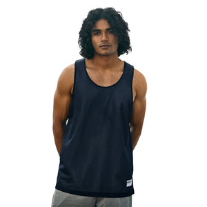 CX2 S04480 Reverse Performance Reversible Mesh Tank Top — on-model view - Navy