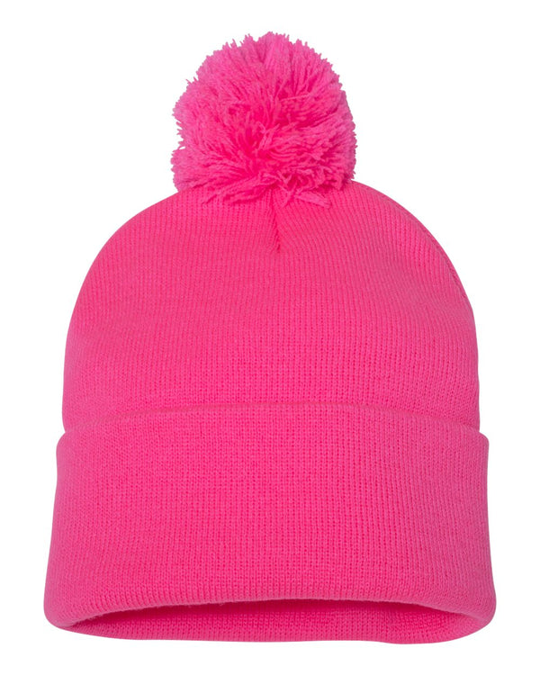 Embroidered 12" Solid Cuffed Pom Pom Toque - SP15