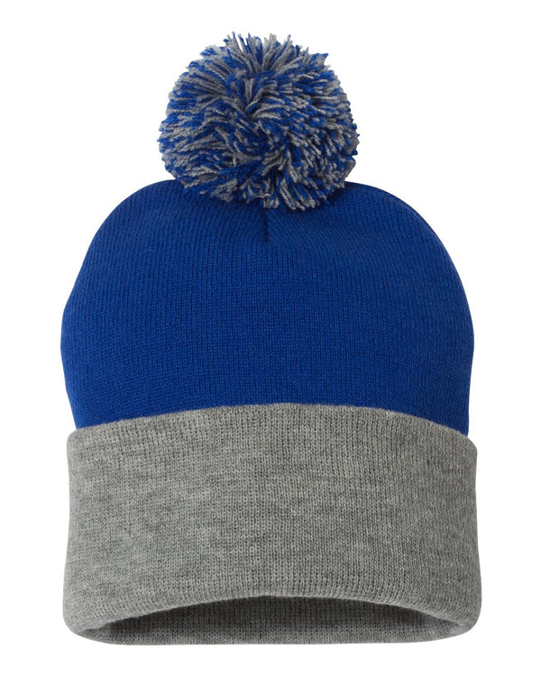 Embroidered 12" Solid Cuffed Pom Pom Toque - SP15