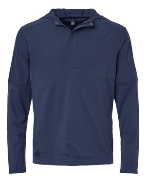 Adidas A607 men's half-zip hooded anorak in Crew Navy — garment front view