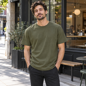 American Apparel 2001 in Olive, a stylish man aged 32 at a contemporary Montreal design district sidewalk outside a tasteful cafe; illustrative lifestyle mockup