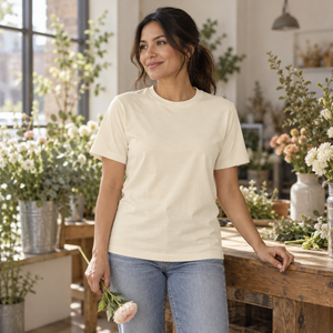 ATC ATC1000 Natural unisex cotton T-shirt — premium airy local flower studio with restrained foliage and warm daylight lifestyle photograph