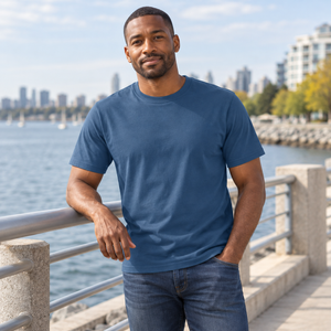 ATC ATC1000 Neptune Blue unisex cotton T-shirt — premium quiet waterfront promenade with pale concrete and distant water lifestyle photograph
