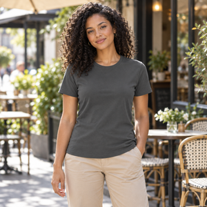 ATC ATC1000L Charcoal women's tee — cafe terrace lifestyle photo