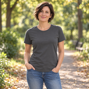ATC ATC1000L Charcoal women's tee — park stroll lifestyle photo