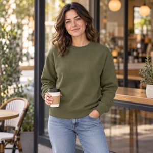 ATC ATCF2400 Military Green unisex fleece — cafe morning lifestyle photo