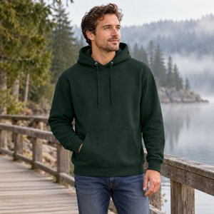 ATC ATCF2500 Dark Green unisex pullover hoodie — premium quiet lakeside cedar boardwalk with misty trees lifestyle photograph