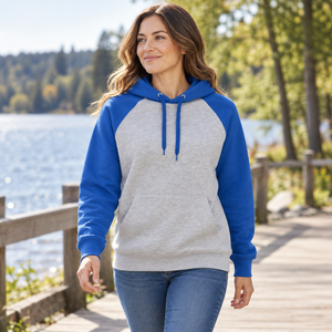 ATC ATCF2550 Athletic Heather/Royal unisex fleece — lakeside walk lifestyle photo