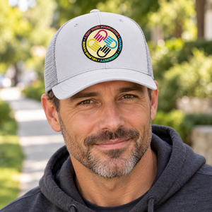 A Tiny Town Foundation Flexfit 110M Mesh Cap — Silver — lifestyle mockup