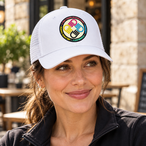 A Tiny Town Foundation Flexfit 110M Mesh Cap — White — lifestyle mockup