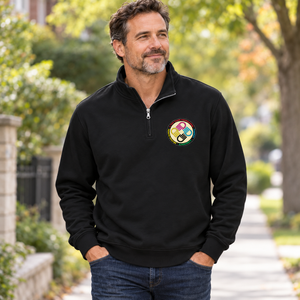 A Tiny Town Foundation Flux Quarter-Zip Pullover — Black — lifestyle mockup