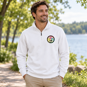A Tiny Town Foundation Flux Quarter-Zip Pullover — White — lifestyle mockup