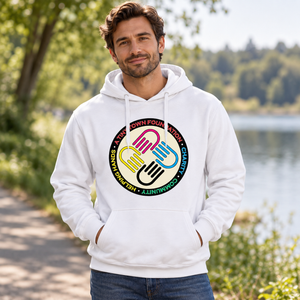 A Tiny Town Foundation Vault Pullover Hoodie — White — lifestyle mockup