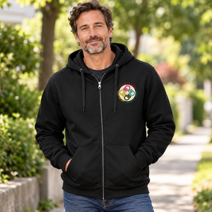 A Tiny Town Foundation Surfer Full-Zip Hoodie — Black — lifestyle mockup