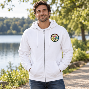 A Tiny Town Foundation Surfer Full-Zip Hoodie — White — lifestyle mockup