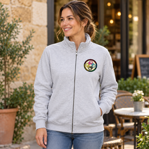 A Tiny Town Foundation Momentum Full-Zip Sweatshirt — Ash Grey — lifestyle mockup
