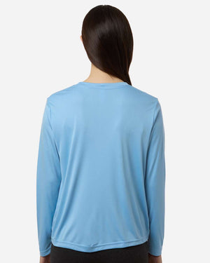 CORE365 CE10LW Women's Capital Performance Long Sleeve T-Shirt, model back view - Columbia Blue
