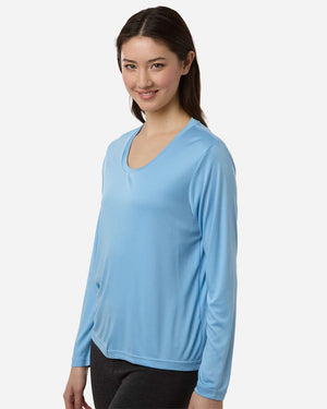 CORE365 CE10LW Women's Capital Performance Long Sleeve T-Shirt, model side view - Columbia Blue