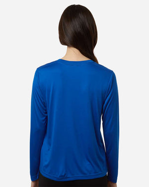 CORE365 CE10LW Women's Capital Performance Long Sleeve T-Shirt, model back view - True Royal