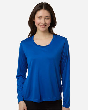 CORE365 CE10LW Women's Capital Performance Long Sleeve T-Shirt, model front view - True Royal