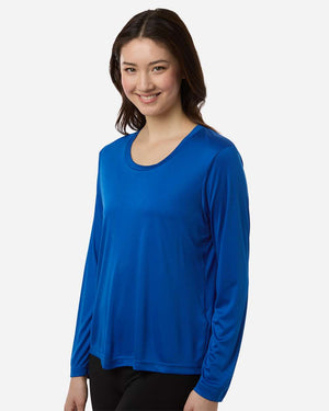 CORE365 CE10LW Women's Capital Performance Long Sleeve T-Shirt, model side view - True Royal