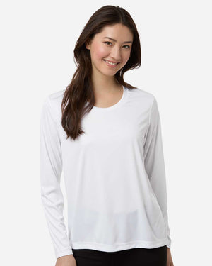 CORE365 CE10LW Women's Capital Performance Long Sleeve T-Shirt, model front view - White