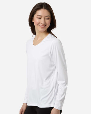 CORE365 CE10LW Women's Capital Performance Long Sleeve T-Shirt, model side view - White